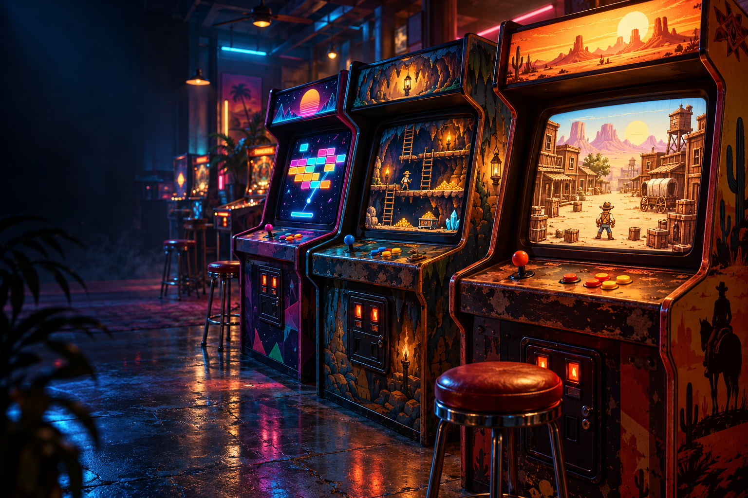 Une salle d’arcade imaginaire éclairée de néons turquoise et ambre